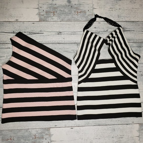 Veronique Young Bundle of 2 Women's Halter and One Shoulder Tops Black Stripe 4 - Picture 1 of 12